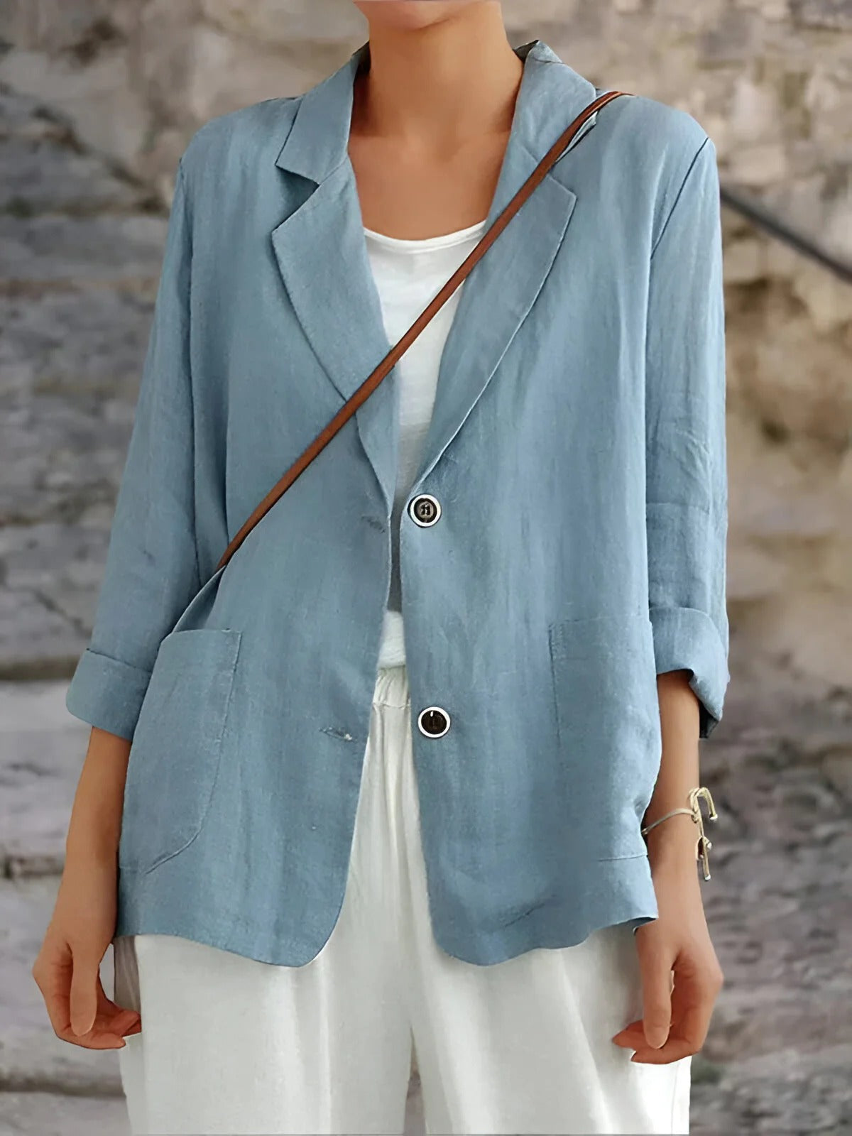 Damen Blazer – Entspannter Schnitt – Natürliche Fasern – 3/4 Ärmel – Patch-Taschen