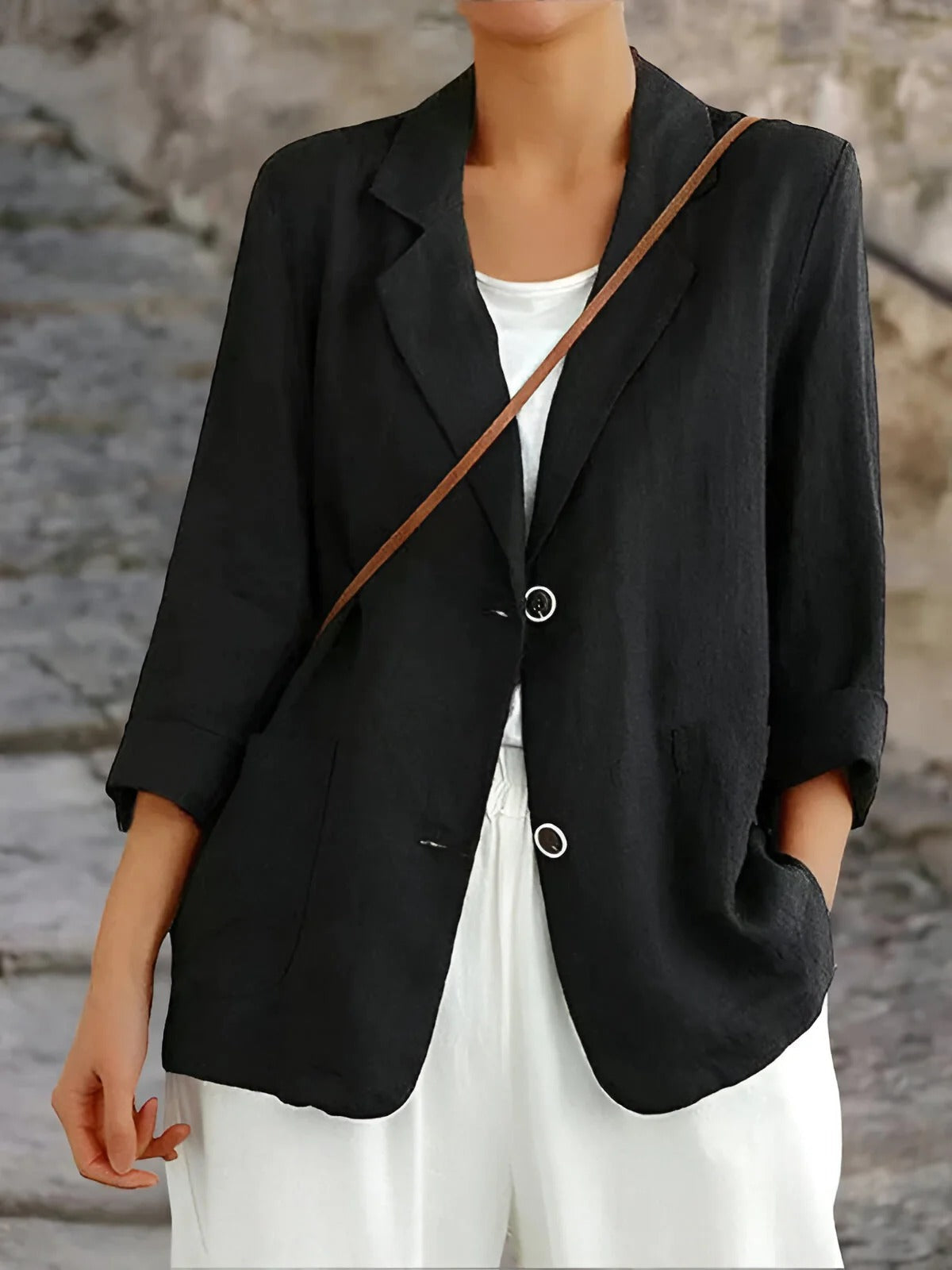 Damen Blazer – Entspannter Schnitt – Natürliche Fasern – 3/4 Ärmel – Patch-Taschen