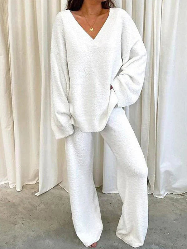 Women’s Lounge Set – Soft Knit – V-Neck Long Sleeve Top – Relaxed Fit Pants