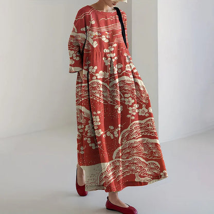 Damen Maxikleid – Lockerer Schnitt – Langarm – Luftiges Material – Künstlerischer Print