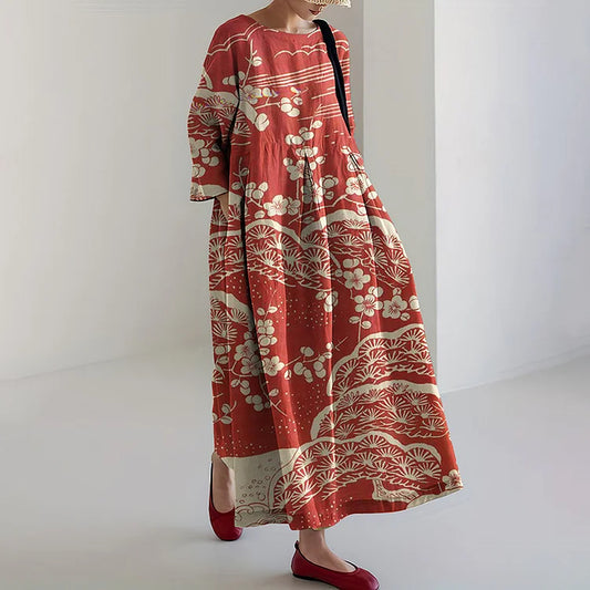 Damen Maxikleid – Lockerer Schnitt – Langarm – Luftiges Material – Künstlerischer Print