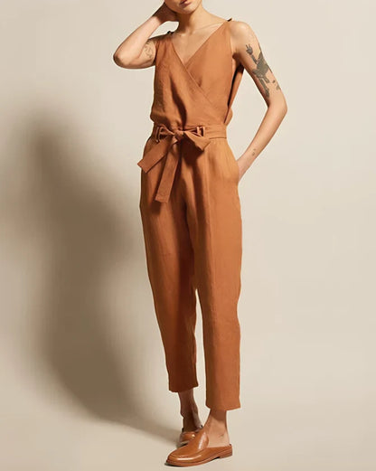 Damen Jumpsuit – Baumwollmix – Ärmellos – Lockerer Schnitt – Wickeloptik – Gürtelbund