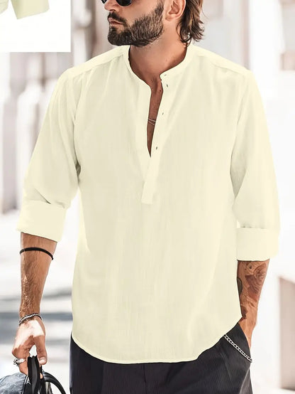 Herren Langarmhemd – Relaxed Fit – Natürliche Fasern – Stehkragen – Atmungsaktiv