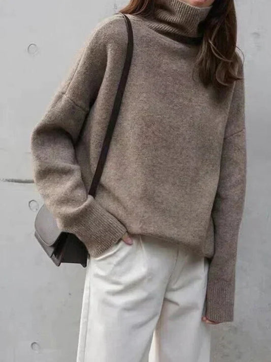 Damen Rollkragenpullover – Wollmischung – Lockerer Schnitt – Rippdetails – Hüftlang