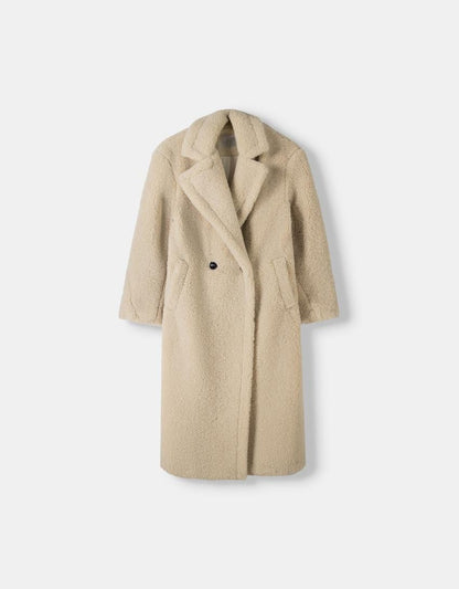 Damen Teddy Mantel – Oversized Passform – Flauschige Textur – Zweireiher – Reverskragen