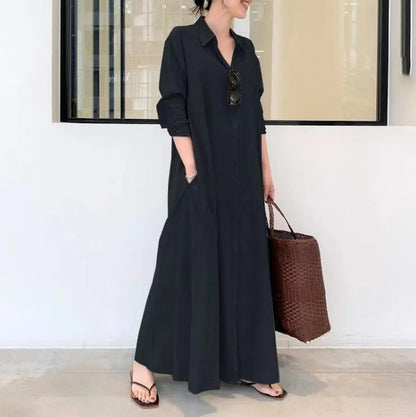 Damen Freizeitkleid – Lockere Passform – Knopfleiste – Mit Taschen – Atmungsaktiver Stoff