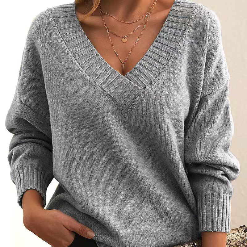 Damen Pullover Sweater – Wollstrick – Lockerer Schnitt – Tiefer V-Ausschnitt – Rippbündchen
