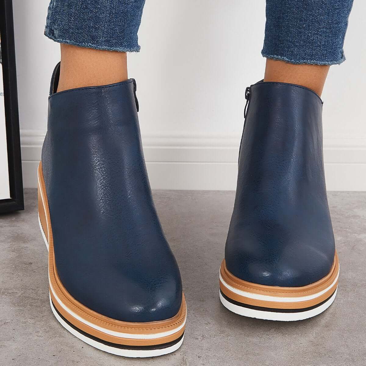 Damen Stiefeletten – Plattformsohle – Seitlicher Reißverschluss – Rundzehenform