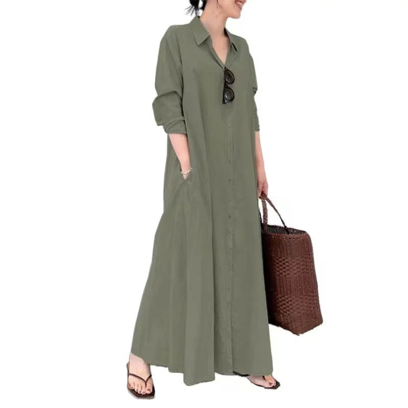 Damen Freizeitkleid – Lockere Passform – Knopfleiste – Mit Taschen – Atmungsaktiver Stoff