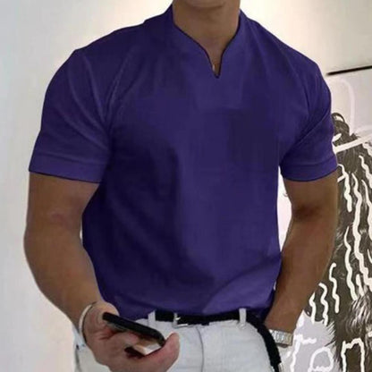Herren Kurzarmhemd – Slim Fit – Atmungsaktives Gewebe – Stehkragen – V-Ausschnitt