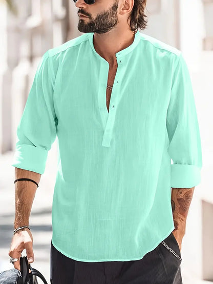 Herren Langarmhemd – Relaxed Fit – Natürliche Fasern – Stehkragen – Atmungsaktiv
