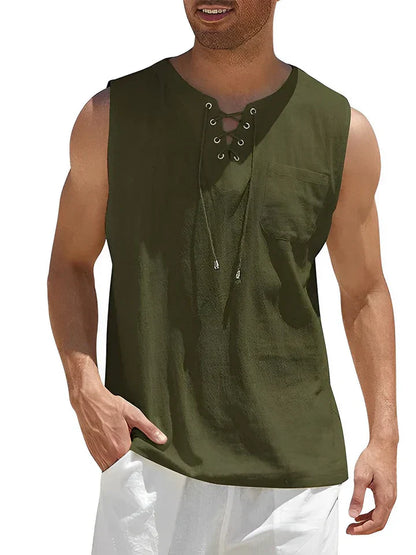 Herren Tanktop – Relaxed Fit – Atmungsaktive Mischung – Schnür-Front – Brusttasche