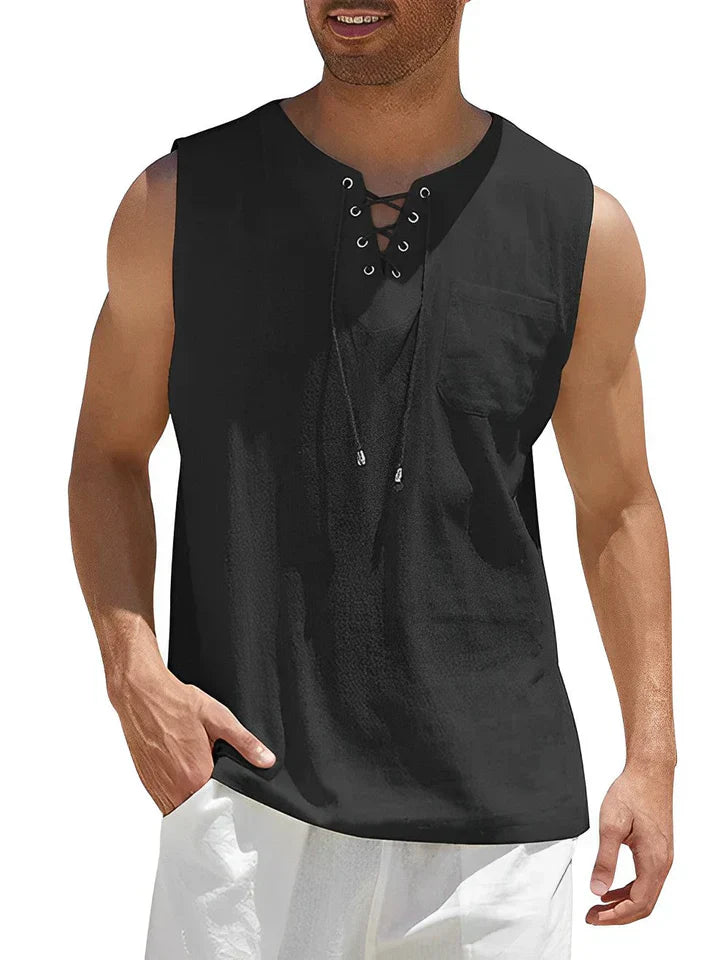 Herren Tanktop – Relaxed Fit – Atmungsaktive Mischung – Schnür-Front – Brusttasche