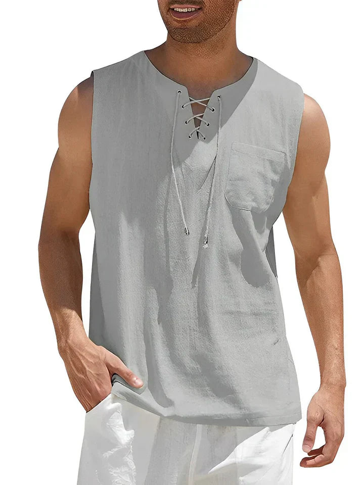 Herren Tanktop – Relaxed Fit – Atmungsaktive Mischung – Schnür-Front – Brusttasche