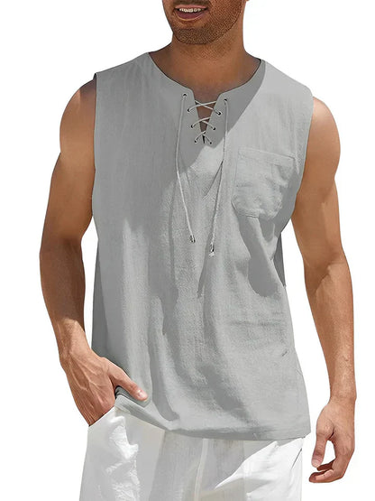 Herren Tanktop – Relaxed Fit – Atmungsaktive Mischung – Schnür-Front – Brusttasche