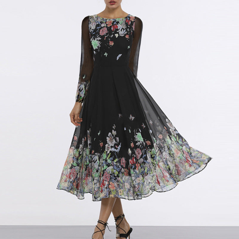 Damen Maxikleid – Elegante Passform – Tülloptik – Florale Applikationen – Transparente Ärmel