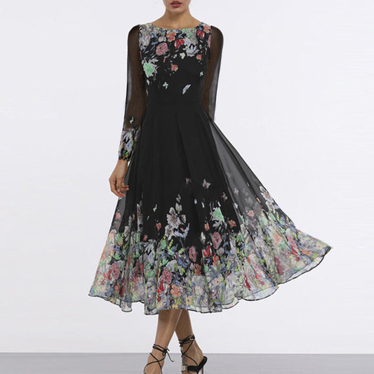 Damen Maxikleid – Elegante Passform – Tülloptik – Florale Applikationen – Transparente Ärmel
