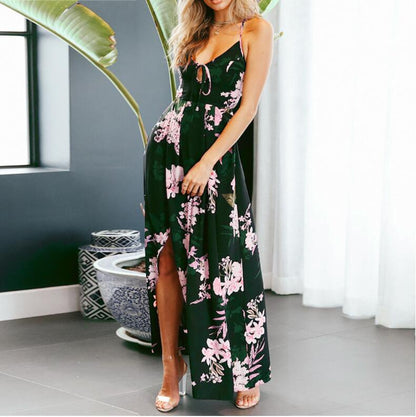 Damen Maxikleid – Lockerer Schnitt – Spaghettiträger – Blumenmuster – Atmungsaktive Qualität