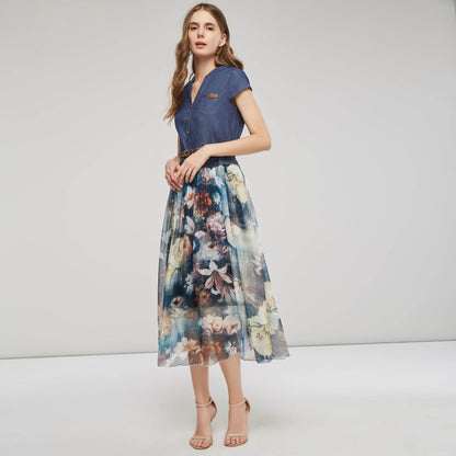 Damen Maxikleid – V-Ausschnitt – Knopfleiste – Geflochtener Gürtel – Luftiges Design