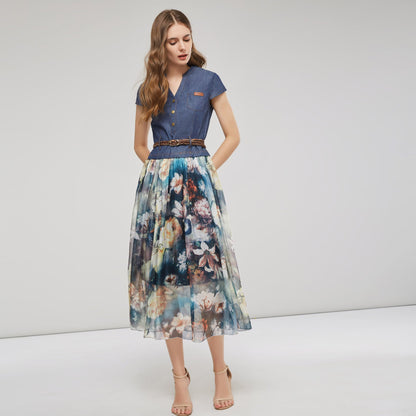 Damen Maxikleid – V-Ausschnitt – Knopfleiste – Geflochtener Gürtel – Luftiges Design
