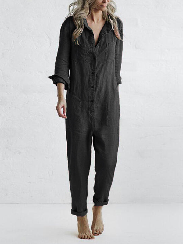 Damen Jumpsuit – Relaxed Fit – Gerade Beine – Atmungsaktive Naturfaser – Langarm mit Riegel – Knopfleiste – Hemdkragen
