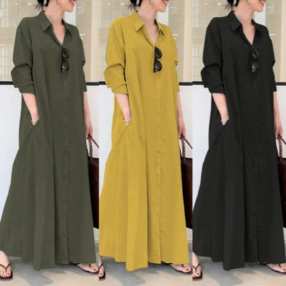 Damen Freizeitkleid – Lockere Passform – Knopfleiste – Mit Taschen – Atmungsaktiver Stoff