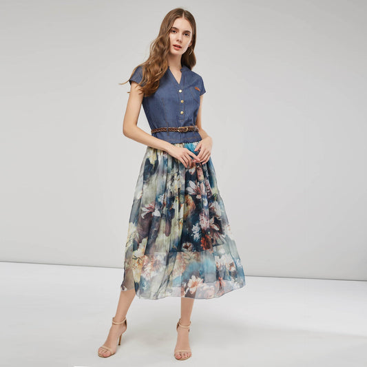 Damen Maxikleid – V-Ausschnitt – Knopfleiste – Geflochtener Gürtel – Luftiges Design