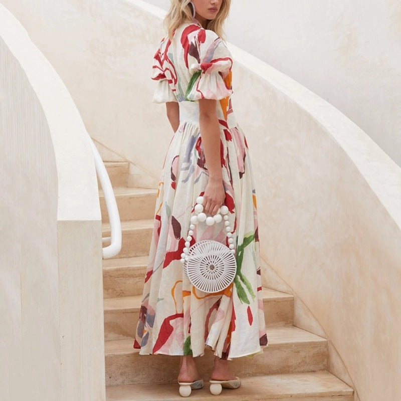 Damen Maxikleid – Natürliche Fasern – Lockere Passform – Ballonärmel – Knopfleiste