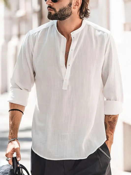 Herren Langarmhemd – Relaxed Fit – Natürliche Fasern – Stehkragen – Atmungsaktiv