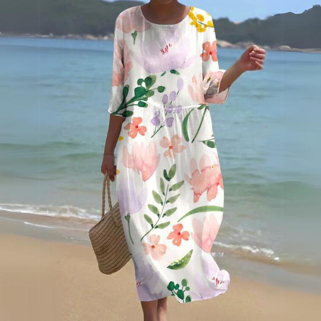 Damen Midi Kleid – Fließender Schnitt – Atmungsaktives Gewebe – Blumenmuster