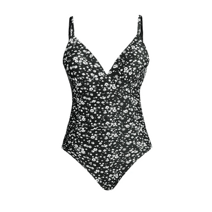 Damen Badeanzug – Formbetont – V-Ausschnitt – Verstellbare Träger – Rippstruktur – Blumenmuster