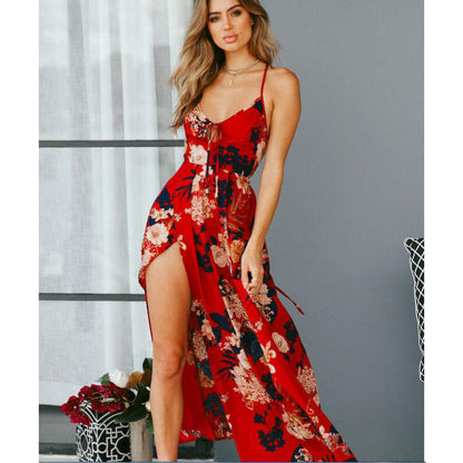 Damen Maxikleid – Lockerer Schnitt – Spaghettiträger – Blumenmuster – Atmungsaktive Qualität