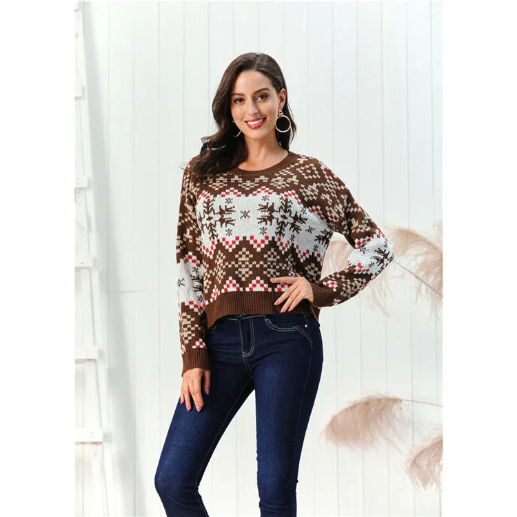 Damen Strickpullover – Wollmix – Lockerer Schnitt – Grobstrick – Rundhals – Musterdesign