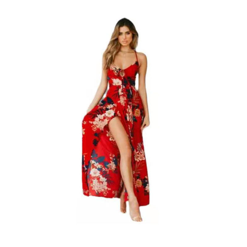 Damen Maxikleid – Lockerer Schnitt – Spaghettiträger – Blumenmuster – Atmungsaktive Qualität