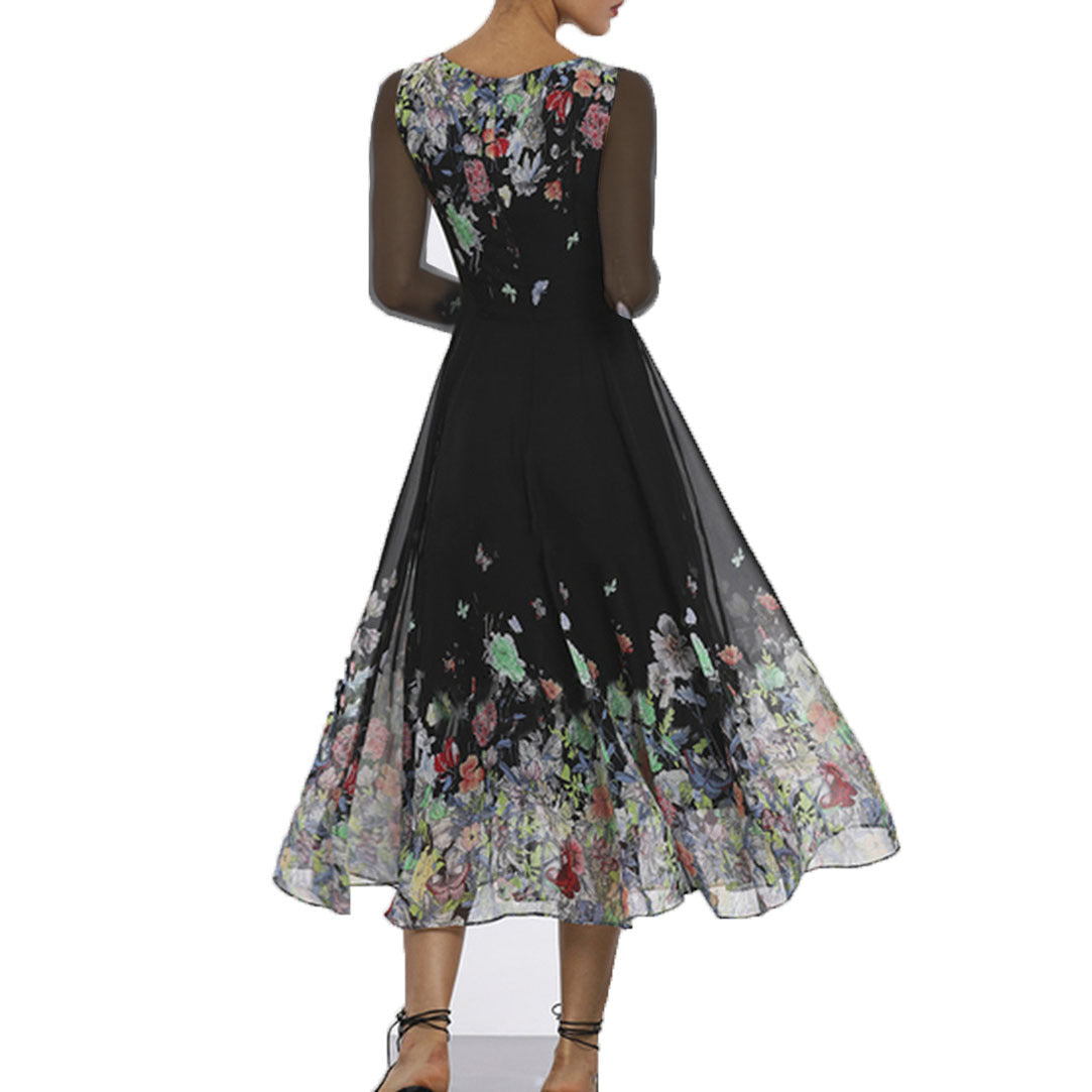 Damen Maxikleid – Elegante Passform – Tülloptik – Florale Applikationen – Transparente Ärmel