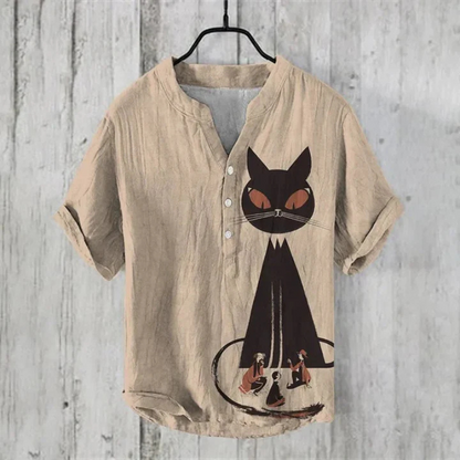 Herren Freizeithemd – Relaxed Fit – Kurzarm – Atmungsaktive Faser – Katzen Grafik