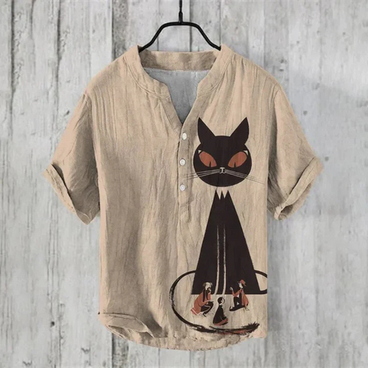 Herren Freizeithemd – Relaxed Fit – Kurzarm – Atmungsaktive Faser – Katzen Grafik