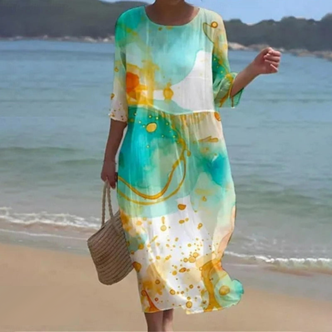 Damen Midi Kleid – Fließender Schnitt – Atmungsaktives Gewebe – Blumenmuster