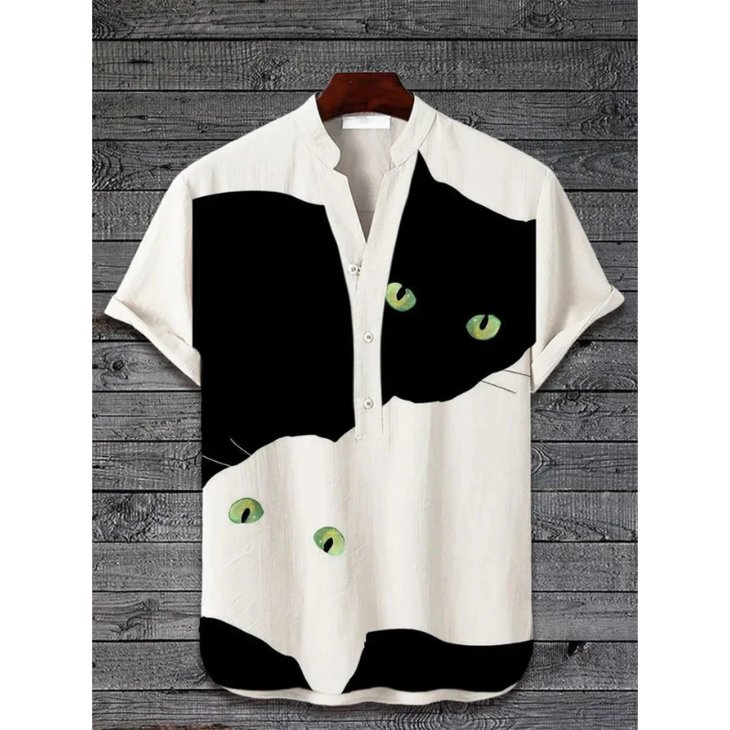 Herren Freizeithemd – Relaxed Fit – Kurzarm – Atmungsaktive Faser – Katzen Grafik