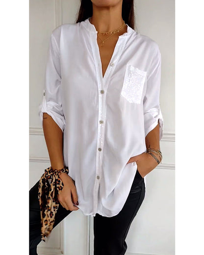 Damen Bluse – Relaxed Fit – Glitzernder Knopfverschluss – Brusttasche – Langarm
