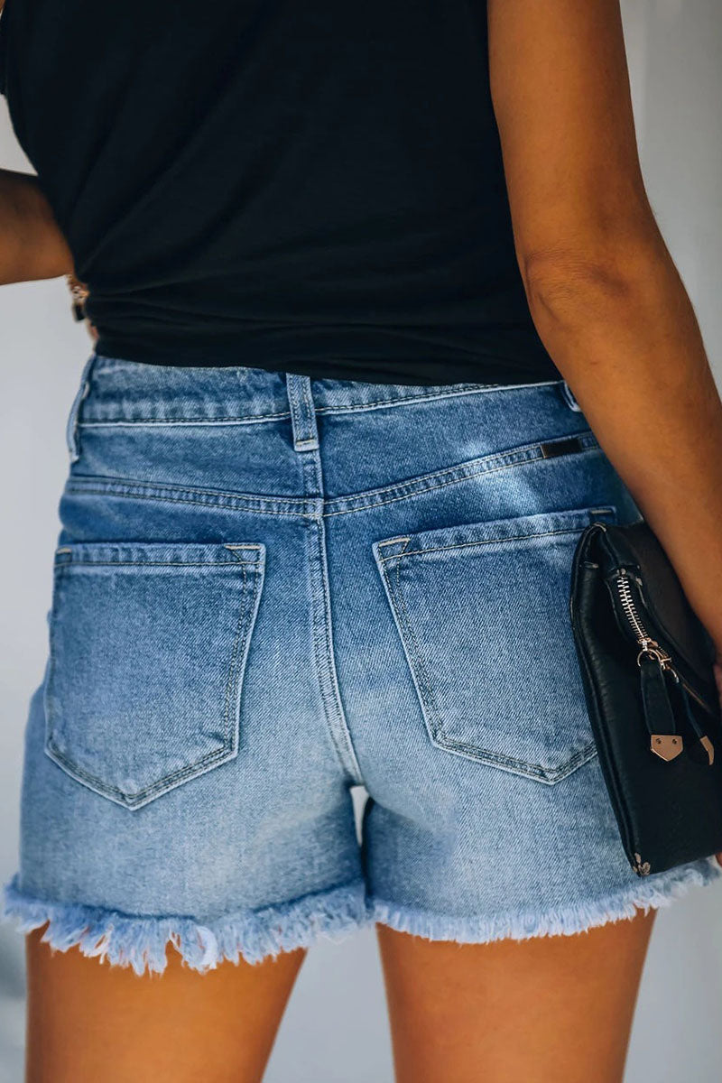 Damen Shorts – Entspannte Passform – Denim Look – Mit Rissen und Fransen