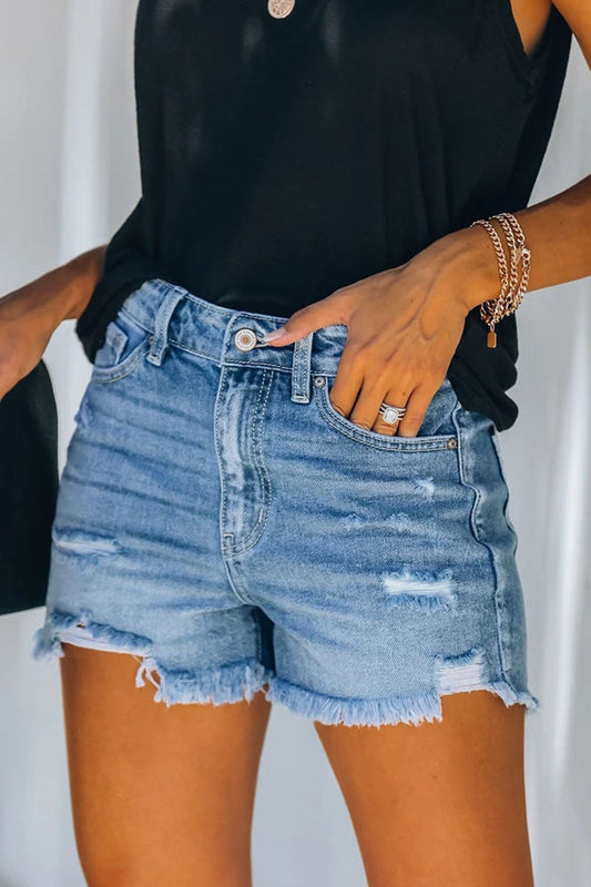 Damen Shorts – Entspannte Passform – Denim Look – Mit Rissen und Fransen