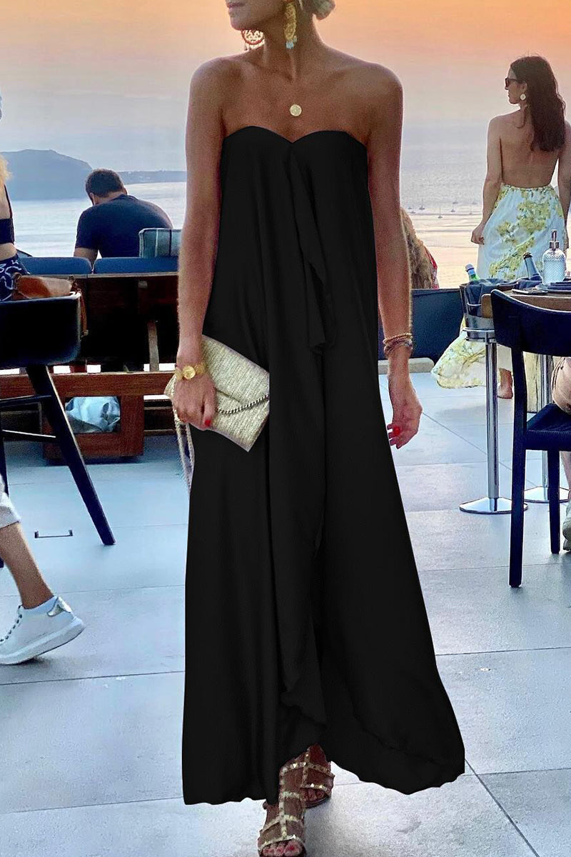 Damen Maxikleid – Trägerlos – Fließender Schnitt – Luftiges Luxusmaterial