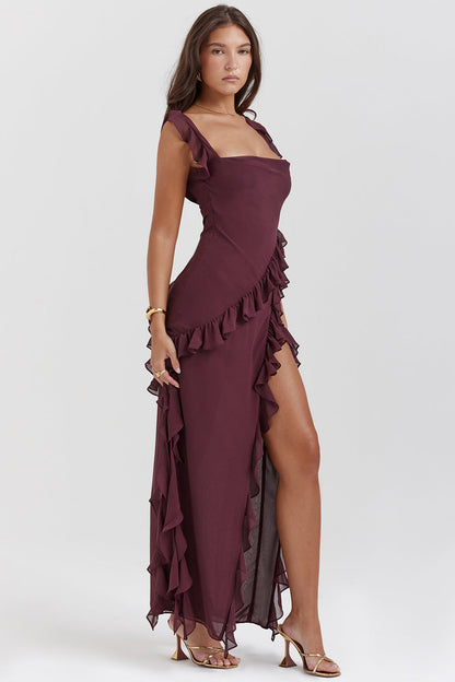 Damen Maxikleid – Elegante Passform – Verstellbare Träger – Rüschen – Hoher Schlitz