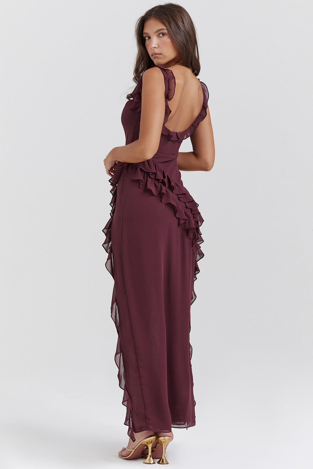 Damen Maxikleid – Elegante Passform – Verstellbare Träger – Rüschen – Hoher Schlitz