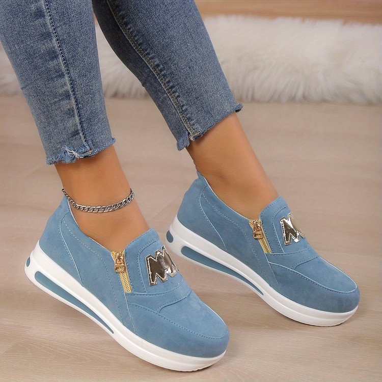 Damen Slipper Schuhe – Weiches Material – Plattformsohle – Zipper & Stickerei