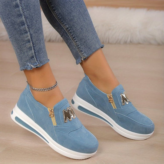 Damen Slipper Schuhe – Weiches Material – Plattformsohle – Zipper & Stickerei