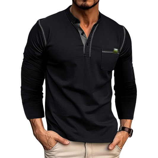 Herren Henley Shirt – Tailored Fit – Langarm – Atmungsaktives Gewebe – Brusttasche