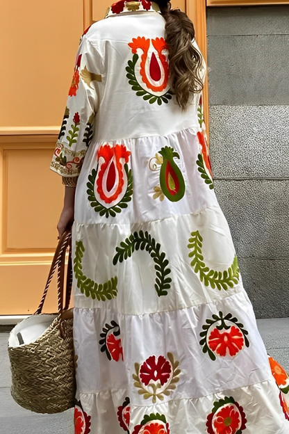 Damen Maxikleid – Lockere Passform – Blumenmuster – Lange Ärmel – Luftiger Stoff