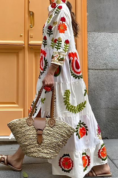 Damen Maxikleid – Lockere Passform – Blumenmuster – Lange Ärmel – Luftiger Stoff